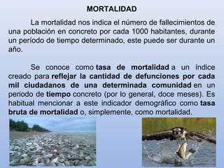 MORTALIDAD
La mortalidad nos indica el número de fallecimientos de
una población en concreto por cada 1000 habitantes, durante
un período de tiempo determinado, este puede ser durante un
año.
Se conoce como tasa de mortalidad a un índice
creado para reflejar la cantidad de defunciones por cada
mil ciudadanos de una determinada comunidad en un
periodo de tiempo concreto (por lo general, doce meses). Es
habitual mencionar a este indicador demográfico como tasa
bruta de mortalidad o, simplemente, como mortalidad.
 