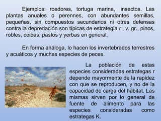 Ejemplos: roedores, tortuga marina, insectos. Las
plantas anuales o perennes, con abundantes semillas,
pequeñas, sin compuestos secundarios ni otras defensas
contra la depredación son típicas de estrategia r , v. gr., pinos,
robles, ceibas, pastos y yerbas en general.
En forma análoga, lo hacen los invertebrados terrestres
y acuáticos y muchas especies de peces.
La población de estas
especies consideradas estrategas r
depende mayormente de la rapidez
con que se reproducen, y no de la
capacidad de carga del hábitat. Las
mismas sirven por lo general de
fuente de alimento para las
especies consideradas como
estrategas K.
 