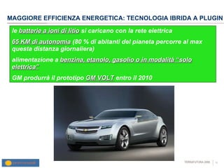 MAGGIORE EFFICIENZA ENERGETICA: TECNOLOGIA IBRIDA A PLUGIN le  batterie a ioni di litio  si caricano con la rete elettrica 65 KM di autonomia  (80 % di abitanti del pianeta percorre al max questa distanza giornaliera) alimentazione a  benzina, etanolo, gasolio o in modalità “solo elettrica” GM produrrà il prototipo  GM VOLT  entro il 2010 