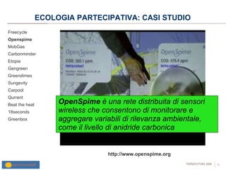 ECOLOGIA PARTECIPATIVA: CASI STUDIO Freecycle Openspime MobGas Carbonminder Etopia Gengreen Greendimes Sungevity Carpool Qurrent Beat the heat 18seconds Greenbox http://www.openspime.org OpenSpime  è una rete distribuita di sensori wireless che consentono di monitorare e aggregare variabili di rilevanza ambientale, come il livello di anidride carbonica  