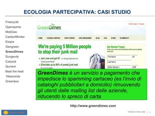ECOLOGIA PARTECIPATIVA: CASI STUDIO Freecycle Openspime MobGas CarbonMinder Etopia Gengreen GreenDimes Sungevity Carpool Qurrent Beat the heat 18seconds Greenbox http://www.greendimes.com GreenDimes  è un servizio a pagamento che impedisce lo spamming cartaceo (es l’invio di cataloghi pubblicitari a domicilio) rimuovendo gli utenti dalle mailing list delle aziende, riducendo lo spreco di carta 