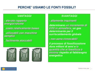 PERCHE’ USIAMO LE FONTI FOSSILI?  SVANTAGGI - altamente inquinanti determinano  un incremento di CO2 in atmosfera , un gas determinante per il surriscaldamento globale - non sono rinnovabili! il processo di fossilizzazione dura milioni di anni e  la quantità che si fossilizza è minima  rispetto al fabbisogno energetico VANTAGGI - elevato rapporto energia/volume costo relativamente basso utilizzabili con macchine semplici facilmente stoccabili 