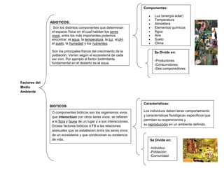 Componentes:

                                                                               Luz (energía solar)
                                                                               Temperatura
               ABIOTICOS:                                                      Atmósfera
                 Son los distintos componentes que determinan                  Elementos químicos
                el espacio físico en el cual habitan los seres                 Agua
                vivos; entre los más importantes podemos                       Aire
                encontrar: el agua, la temperatura, la luz, el pH,             Suelo
                el suelo, la humedad y los nutrientes.                         Clima

                Son los principales frenos del crecimiento de la               Se Divide en:
                población. Varían según el ecosistema de cada
                ser vivo. Por ejemplo el factor biolimitante                   -Productores:
                fundamental en el desierto es el agua.                         -Consumidores:
                                                                               -Des componedores:



Factores del
Medio
Ambiente


                                                                        Características:
               BIOTICOS:
                O componentes bióticos son los organismos vivos         Los individuos deben tener comportamiento
                que interactúan con otros seres vivos, se refieren      y características fisiológicas específicos que
                a la flora y fauna de un lugar y a sus interacciones.   permitan su supervivencia y
                Dícese factores bióticos ó FB a las relaciones          su reproducción en un ambiente definido.
                asexuales que se establecen entre los seres vivos
                de un ecosistema y que condicionan su existencia
                de vida.                                                    Se Divide en:

                                                                            -Individuo:
                                                                            -Población:
                                                                            -Comunidad:
 
