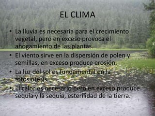 EL CLIMA
• La lluvia es necesaria para el crecimiento
vegetal, pero en exceso provoca el
ahogamiento de las plantas.
• El viento sirve en la dispersión de polen y
semillas, en exceso produce erosión.
• La luz del sol es fundamental en la
fotosíntesis.
• El calor es necesario pero en exceso produce
sequía y la sequía, esterilidad de la tierra.

 