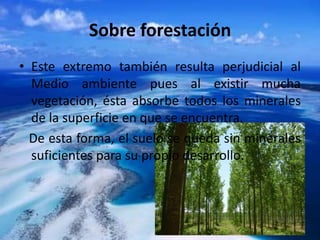 Sobre forestación
• Este extremo también resulta perjudicial al
Medio ambiente pues al existir mucha
vegetación, ésta absorbe todos los minerales
de la superficie en que se encuentra.
De esta forma, el suelo se queda sin minerales
suficientes para su propio desarrollo.

 