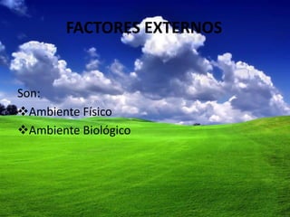 FACTORES EXTERNOS

Son:
Ambiente Físico
Ambiente Biológico

 