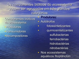 Os componentes bióticos do ecossistemaOs componentes bióticos do ecossistema
podem ser agrupadas em três grandespodem ser agrupadas em três grandes
categoriascategorias
Componentes bióticosComponentes bióticos
do ecossistema:do ecossistema:
•ProdutoresProdutores
•ConsumidoresConsumidores
•decompositoresdecompositores
• Produtores:Produtores:
• AutótrofosAutótrofos
• fotossintetizantesfotossintetizantes
• quimiosintetizantesquimiosintetizantes
sulfubacteriassulfubacterias
ferrobactériasferrobactérias
hidrobactériashidrobactérias
nitrobactériasnitrobactérias
• Nos ecossistemasNos ecossistemas
aquáticos fitoplânctonaquáticos fitoplâncton
 