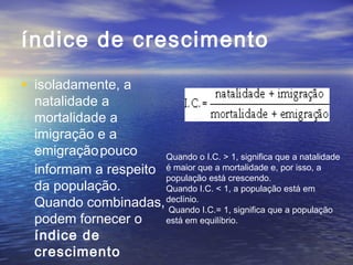 índice de crescimento
• isoladamente, a
natalidade a
mortalidade a
imigração e a
emigraçãopouco
informam a respeito
da população.
Quando combinadas,
podem fornecer o
índice de
crescimento
Quando o I.C. > 1, significa que a natalidade
é maior que a mortalidade e, por isso, a
população está crescendo.
Quando I.C. < 1, a população está em
declínio.
Quando I.C.= 1, significa que a população
está em equilíbrio.
 