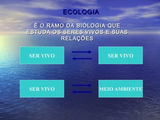 ECOLOGIAECOLOGIA
É O RAMO DA BIOLOGIA QUEÉ O RAMO DA BIOLOGIA QUE
ESTUDA OS SERES VIVOS E SUASESTUDA OS SERES VIVOS E SUAS
RELAÇÕESRELAÇÕES
SER VIVO SER VIVO
SER VIVO MEIO AMBIENTE
 
