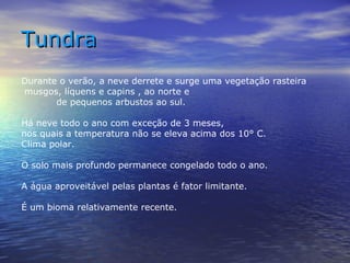 TundraTundra
Durante o verão, a neve derrete e surge uma vegetação rasteira
musgos, líquens e capins , ao norte e
de pequenos arbustos ao sul.
Há neve todo o ano com exceção de 3 meses,
nos quais a temperatura não se eleva acima dos 10° C.
Clima polar.
O solo mais profundo permanece congelado todo o ano.
A água aproveitável pelas plantas é fator limitante.
É um bioma relativamente recente.
 