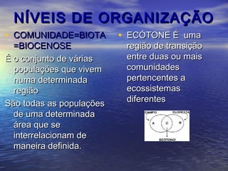 NÍVEIS DE ORGANIZAÇÃONÍVEIS DE ORGANIZAÇÃO
• COMUNIDADE=BIOTACOMUNIDADE=BIOTA
=BIOCENOSE=BIOCENOSE
É o conjunto de váriasÉ o conjunto de várias
populações que vivempopulações que vivem
numa determinadanuma determinada
regiãoregião
São todas as populaçõesSão todas as populações
de uma determinadade uma determinada
área que seárea que se
interrelacionam deinterrelacionam de
maneira definida.maneira definida.
• ECÓTONE É umaECÓTONE É uma
região de transiçãoregião de transição
entre duas ou maisentre duas ou mais
comunidadescomunidades
pertencentes apertencentes a
ecossistemasecossistemas
diferentesdiferentes
 
