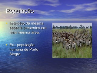 PopulaçãoPopulação
• Indivíduo da mesmaIndivíduo da mesma
espécie presentes emespécie presentes em
uma mesma área.uma mesma área.
• Ex.: populaçãoEx.: população
humana de Portohumana de Porto
Alegre.Alegre.
 