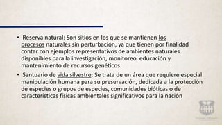 • Reserva natural: Son sitios en los que se mantienen los
procesos naturales sin perturbación, ya que tienen por finalidad
contar con ejemplos representativos de ambientes naturales
disponibles para la investigación, monitoreo, educación y
mantenimiento de recursos genéticos.
• Santuario de vida silvestre: Se trata de un área que requiere especial
manipulación humana para su preservación, dedicada a la protección
de especies o grupos de especies, comunidades bióticas o de
características físicas ambientales significativos para la nación
 