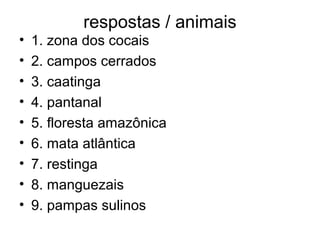 respostas / animais
•   1. zona dos cocais
•   2. campos cerrados
•   3. caatinga
•   4. pantanal
•   5. floresta amazônica
•   6. mata atlântica
•   7. restinga
•   8. manguezais
•   9. pampas sulinos
 