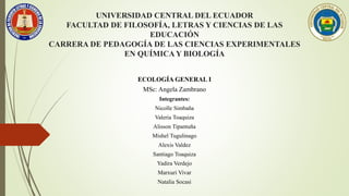 UNIVERSIDAD CENTRAL DEL ECUADOR
FACULTAD DE FILOSOFÍA, LETRAS Y CIENCIAS DE LAS
EDUCACIÓN
CARRERA DE PEDAGOGÍA DE LAS CIENCIAS EXPERIMENTALES
EN QUÍMICA Y BIOLOGÍA
ECOLOGÍA GENERAL I
MSc: Angela Zambrano
Integrantes:
Nicolle Simbaña
Valeria Toaquiza
Alisson Tipantuña
Mishel Tugulinago
Alexis Valdez
Santiago Toaquiza
Yadira Verdejo
Marxuri Vivar
Natalia Socasi
 