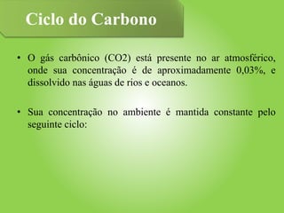 • O gás carbônico (CO2) está presente no ar atmosférico,
onde sua concentração é de aproximadamente 0,03%, e
dissolvido nas águas de rios e oceanos.
• Sua concentração no ambiente é mantida constante pelo
seguinte ciclo:
Ciclo do Carbono
 
