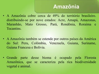 Amazônia
• A Amazônia cobre cerca de 49% do território brasileiro.
distribuindo-se por nove estados: Acre, Amapá, Amazonas,
Maranhão, Mato Grosso, Pará, Rondônia, Roraima e
Tocantins.
• A Amazônia também se estende por outros países da América
do Sul: Peru, Colômbia, Venezuela, Guiana, Suriname,
Guiana Francesa e Bolívia.
• Grande parte desse bioma é ocupado pela Floresta
Amazônica, que se caracteriza pela rica biodiversidade
vegetal e animal.
 