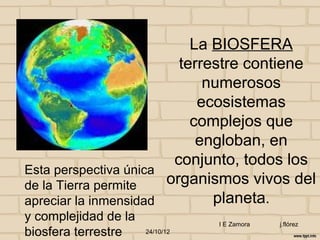 La BIOSFERA
                         terrestre contiene
                             numerosos
                            ecosistemas
                           complejos que
                            engloban, en
                        conjunto, todos los
Esta perspectiva única
de la Tierra permite   organismos vivos del
apreciar la inmensidad        planeta.
y complejidad de la              I E Zamora   j.flórez
biosfera terrestre    24/10/12
 