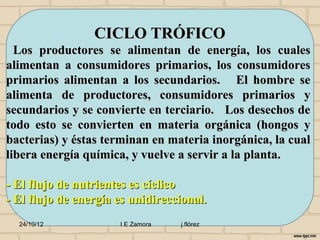 CICLO TRÓFICO
  Los productores se alimentan de energía, los cuales
alimentan a consumidores primarios, los consumidores
primarios alimentan a los secundarios. El hombre se
alimenta de productores, consumidores primarios y
secundarios y se convierte en terciario. Los desechos de
todo esto se convierten en materia orgánica (hongos y
bacterias) y éstas terminan en materia inorgánica, la cual
libera energía química, y vuelve a servir a la planta.

- El flujo de nutrientes es cíclico
- El flujo de energía es unidireccional.
  24/10/12            I E Zamora   j.flórez
 