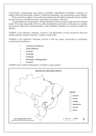é bem maior, encontramos uma imensa variedade e abundância de plantas e animais. As
maiores florestas do mundo, inclusive a floresta Amazônica, são encontradas nessas regiões.
Entre essas duas regiões, temos outraque chamamos de regiãotemperada. Nessas regiões
neva no inverno, e há florestas com vários tipos de animais e árvores.
A quantidade de energia solar e de água interfere muito no tipo de clima de determinada
região. Por causa da posição da Terra, e dos movimentos que ela faz, o Sol aquece as regiões
de maneiras diferentes, proporcionando zonas climáticas distintas nas diversas regiões do
planeta.
TAREFA 1 (no caderno): Pesquise, recorte e cole ilustrações em que possamos observar
regiões polares, regiões tropicais e regiões temperadas.
TAREFA 2 (no caderno): Pesquise, recorte e cole um mapa retratando os principais
ecossistemas brasileiros.
 Floresta Amazônica
 Mata Atlântica
 Cerrado
 Caatinga
 Pantanal
 Restingas e Manguezais
 Campos
TAREFA 3 (no caderno):Pesquise e complete o mapa abaixo.
 