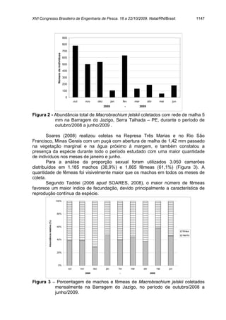 XVI Congresso Brasileiro de Engenharia de Pesca. 18 a 22/10/2009. Natal/RN/Brasil.                                                                                             1147




                                                           900

                                                           800

                                                           700

                                    Número de indivíduos
                                                           600

                                                           500

                                                           400

                                                           300

                                                           200

                                                           100

                                                             0
                                                                       out         nov          dez          jan         fev     mar           abr       mai     jun
                                                                                                      2008                -            2009


Figura 2 - Abundância total de Macrobrachium jelskii coletados com rede de malha 5
           mm na Barragem do Jazigo, Serra Talhada – PE, durante o período de
           outubro/2008 a junho/2009 .

        Soares (2008) realizou coletas na Represa Três Marias e no Rio São
Francisco, Minas Gerais com um puçá com abertura de malha de 1,42 mm passado
na vegetação marginal e na água próximo à margem, e também constatou a
presença da espécie durante todo o período estudado com uma maior quantidade
de indivíduos nos meses de janeiro e junho.
        Para a análise da proporção sexual foram utilizados 3.050 camarões
distribuídos em 1.185 machos (38,9%) e 1.865 fêmeas (61,1%) (Figura 3). A
quantidade de fêmeas foi visivelmente maior que os machos em todos os meses de
coleta.
        Segundo Taddei (2006 apud SOARES, 2008), o maior número de fêmeas
favorece um maior índice de fecundação, devido principalmente a característica de
reprodução contínua da espécie.
                                   100%




                                   80%
         Abundância relativa (%)




                                   60%
                                                                                                                                                                       fêmea
                                                                                                                                                                       macho
                                   40%




                                   20%




                                    0%
                                                                 out         nov          dez          jan         fev         mar       abr           mai     jun
                                                                                   2008                            -                            2009


Figura 3 – Porcentagem de machos e fêmeas de Macrobrachium jelskii coletados
          mensalmente na Barragem do Jazigo, no período de outubro/2008 a
          junho/2009.
 