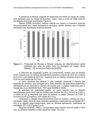 XVI Congresso Brasileiro de Engenharia de Pesca. 18 a 22/10/2009. Natal/RN/Brasil.                                    1148




      A presença de fêmeas ovígeras foi observada em todos os meses de coleta,
com destaque para os meses de fevereiro, março, maio e junho de 2009 onde foi
constatada uma maior quantidade (Figura 4).
      Soares (2008) encontrou maiores valores em janeiro e novembro (período
chuvoso-quente com maior temperatura da água), porém destaca que a espécie
apresenta uma reprodução contínua sazonal.
                                   100%




                                   80%
         Abundância relativa (%)




                                   60%
                                                                                                      fêmea ovígera
                                                                                                      fêmea
                                   40%




                                   20%




                                    0%
                                          out   nov    dez   jan       fev   mar   abr    mai   jun
                                                      2008         -               2009


Figura 4 - Proporção de fêmeas e fêmeas ovígeras de Macrobrachium jelskii
           coletadas com rede de malha 5mm na Barragem do Jazigo, Serra
           Talhada – PE de outubro/2008 a junho/2009.

       A estrutura da população quanto ao comprimento revelou que as fêmeas
foram maiores que os machos apresentando tamanho máximo de 76,4 mm, mínimo
de 3,2 mm, com média de 24,0 mm, enquanto que os machos variaram de 8,5 mm a
53,8 mm com média de 23,5 mm.
       O maior tamanho das fêmeas é uma condição essencial à maioria das
espécies de carídeos, que carregam seus ovos aderidos aos apêndices abdominais
restringindo-os em tamanho e número de acordo com o espaço disponível para a
fixação dos ovos (SHAKUNTALA, 1977 apud SOARES, 2008).
       A estrutura da população quanto ao peso revelou que as fêmeas
demonstraram peso maior que os machos com máximo de 2,9 g, mínimo de 0,001 g,
e média de 0,2 g, enquanto que para os machos os pesos variaram de 0,001 g
(mínimo) a 0,81 g (máximo), com média de 0,13 g.
       Analisando a relação peso/comprimento para os machos, verificou-se que a
correlação média entre as duas variáveis apresentou coeficiente de correlação (R2=
0,6) e a relação peso-comprimento para as fêmeas apresentou coeficiente de
correlação (R2= 0,8) (Figuras 5 e 6).
       Segundo Holthuis (1952) o comprimento total máximo para M. jelskii é 56,0
mm; no presente trabalho o maior espécime mediu 76,4 mm.
 