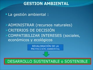 GESTION AMBIENTAL La gestión ambiental : ADMINISTRAR (recursos naturales) CRITERIOS DE DECISIÓN COMPATIBILIZAR INTERESES (sociales, económicos y ecológicos REVALORACIÓN DE LA P ROTECCIÓN AMBIENTAL DESARROLLO SUSTENTABLE o SOSTENIBLE 
