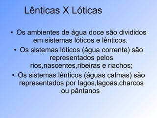 Os ambientes de água doce são divididos em sistemas lóticos e lênticos.  Os sistemas lóticos (água corrente) são representados pelos rios,nascentes,ribeiras e riachos; Os sistemas lênticos (águas calmas) são representados por lagos,lagoas,charcos ou pântanos   Lênticas X Lóticas 