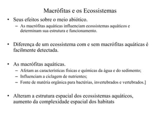 Macrófitas e os Ecossistemas
• Seus efeitos sobre o meio abiótico.
– As macrófitas aquáticas influenciam ecossistemas aquáticos e
determinam sua estrutura e funcionamento.
• Diferença de um ecossistema com e sem macrófitas aquáticas é
facilmente detectada.
• As macrófitas aquáticas.
– Afetam as características físicas e químicas da água e do sedimento;
– Influenciam a ciclagem de nutrientes;
– Fonte de matéria orgânica para bactérias, invertebrados e vertebrados.]
• Alteram a estrutura espacial dos ecossistemas aquáticos,
aumento da complexidade espacial dos habitats
 