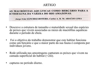 ARTIGO
• Descreve a estrutura de tamanho e maturidade sexual das espécies
de peixes que vivem associadas as raizes de macrófitas aquáticas
durante o período de cheia.
• Foi o objetivo do trabalho demonstrar que este habitat funciona
como um berçário e que a maior parte da sua fauna é composta por
indivíduos jovens.
• Rede utilizada nas amostragens capturam os peixes que vivem na
camada superficial do habitat (<2m).
• capturas no período diurno.
 