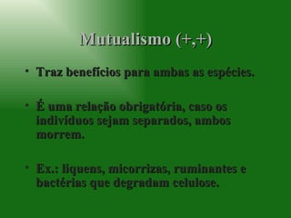 Mutualismo (+,+) Traz benefícios para ambas as espécies. É uma relação obrigatória, caso os indivíduos sejam separados, ambos morrem. Ex.: liquens, micorrizas, ruminantes e bactérias que degradam celulose. 