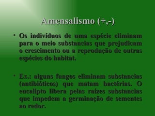 Amensalismo (+,-) Os indivíduos de uma espécie eliminam para o meio substancias que prejudicam o crescimento ou a reprodução de outras espécies do habitat. Ex.: alguns fungos eliminam substancias (antibióticos) que matam bactérias. O eucalipto libera pelas raízes substancias que impedem a germinação de sementes ao redor. 