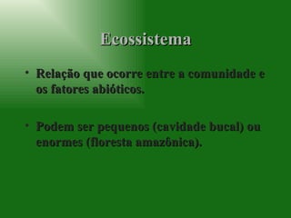 Ecossistema Relação que ocorre entre a comunidade e os fatores abióticos. Podem ser pequenos (cavidade bucal) ou enormes (floresta amazônica). 