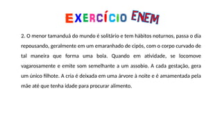2. O menor tamanduá do mundo é solitário e tem hábitos noturnos, passa o dia
repousando, geralmente em um emaranhado de cipós, com o corpo curvado de
tal maneira que forma uma bola. Quando em atividade, se locomove
vagarosamente e emite som semelhante a um assobio. A cada gestação, gera
um único filhote. A cria é deixada em uma árvore à noite e é amamentada pela
mãe até que tenha idade para procurar alimento.
 