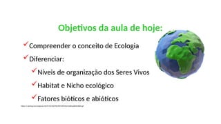 Objetivos da aula de hoje:
Compreender o conceito de Ecologia
Diferenciar:
Níveis de organização dos Seres Vivos
Habitat e Nicho ecológico
Fatores bióticos e abióticos
https://i.pinimg.com/originals/2b/07/f6/2b07f62987e987d4e53e84aa8b963b83.gif
 