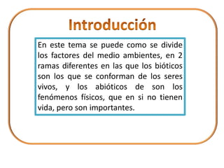 En este tema se puede como se divide
los factores del medio ambientes, en 2
ramas diferentes en las que los bióticos
son los que se conforman de los seres
vivos, y los abióticos de son los
fenómenos físicos, que en si no tienen
vida, pero son importantes.
