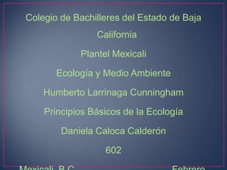 Colegio de Bachilleres del Estado de Baja
                California

            Plantel Mexicali

       Ecología y Medio Ambiente

    Humberto Larrinaga Cunningham

    Principios Básicos de la Ecología

        Daniela Caloca Calderón

                  602
 