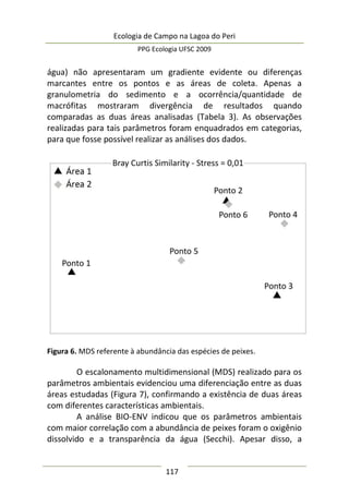 Ecologia de Campo na Lagoa do Peri
PPG Ecologia UFSC 2009
117
água) não apresentaram um gradiente evidente ou diferenças
marcantes entre os pontos e as áreas de coleta. Apenas a
granulometria do sedimento e a ocorrência/quantidade de
macrófitas mostraram divergência de resultados quando
comparadas as duas áreas analisadas (Tabela 3). As observações
realizadas para tais parâmetros foram enquadrados em categorias,
para que fosse possível realizar as análises dos dados.
Figura 6. MDS referente à abundância das espécies de peixes.
O escalonamento multidimensional (MDS) realizado para os
parâmetros ambientais evidenciou uma diferenciação entre as duas
áreas estudadas (Figura 7), confirmando a existência de duas áreas
com diferentes características ambientais.
A análise BIO-ENV indicou que os parâmetros ambientais
com maior correlação com a abundância de peixes foram o oxigênio
dissolvido e a transparência da água (Secchi). Apesar disso, a
 