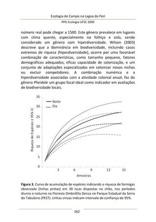 Ecologia de Campo na Lagoa do Peri
PPG Ecologia UFSC 2009
162
número real pode chegar a 1500. Este gênero prevalece em lugares
com clima quente, especialmente no folhiço e solo, sendo
considerado um gênero com hiperdiversidade. Wilson (2003)
descreve que a dominância em biodiversidade, incluindo casos
extremos de riqueza (hiperdiversidade), ocorre por uma favorável
combinação de características, como tamanho pequeno, fatores
demográficos adequados, eficaz capacidade de colonização, e um
conjunto de adaptações especializadas em colonizar novos nichos
ou excluir competidores. A combinação numérica e a
hiperdiversidade associadas com a atividade colonial anual, faz do
gênero Pheidole um grupo focal ideal como indicador em avaliações
de biodiversidade locais.
Figura 3. Curva de acumulação de espécies indicando a riqueza de formigas
observada (linhas pretas) em 30 iscas dispostas no chão, nos períodos
diurno e noturno na Floresta Ombrófila Densa no Parque Estadual da Serra
do Tabuleiro (PEST). Linhas cinzas indicam intervalo de confiança de 95%.
 