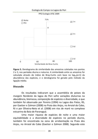 Ecologia de Campo na Lagoa do Peri
PPG Ecologia UFSC 2009
39
Figura 5. Dendograma de similaridade das amostras coletadas nos pontos
2 e 3, nos períodos diurno e noturno. A similaridade entre as amostras foi
calculada através do índice de Bray-Curtis com base no log10(x+1) da
abundância das espécies, e o dendograma foi gerado pelo método da
ligação média.
Discussão
Os resultados indicaram que a assembléia de peixes da
margem Nordeste da lagoa do Peri sofre variações diuturnas na
abundância, biomassa, composição de espécies e diversidade, o que
também foi observado por Pereira (1994) na Lagoa dos Patos, RS,
por Gaelzer e Zalmon (2008) na Praia dos Anjos, no Arraial do Cabo,
RJ e por Oliveira-Neto et al. (2008) em rios de maré no complexo
estuarino da Baía de Paranaguá.
Uma maior riqueza de espécies de noite e uma maior
equitabilidade e a diversidade de espécies no período diurno,
também foi encontrada na zona de arrebentação na Praia dos
Anjos, no Arraial do Cabo (Gaelzer e Zalmon 2008). Segundo este
 