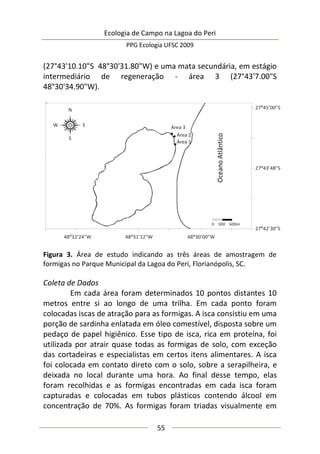 Ecologia de Campo na Lagoa do Peri
PPG Ecologia UFSC 2009
55
(27°43'10.10"S 48°30'31.80"W) e uma mata secundária, em estágio
intermediário de regeneração - área 3 (27°43'7.00"S
48°30'34.90"W).
Figura 3. Área de estudo indicando as três áreas de amostragem de
formigas no Parque Municipal da Lagoa do Peri, Florianópolis, SC.
Coleta de Dados
Em cada área foram determinados 10 pontos distantes 10
metros entre si ao longo de uma trilha. Em cada ponto foram
colocadas iscas de atração para as formigas. A isca consistiu em uma
porção de sardinha enlatada em óleo comestível, disposta sobre um
pedaço de papel higiênico. Esse tipo de isca, rica em proteína, foi
utilizada por atrair quase todas as formigas de solo, com exceção
das cortadeiras e especialistas em certos itens alimentares. A isca
foi colocada em contato direto com o solo, sobre a serapilheira, e
deixada no local durante uma hora. Ao final desse tempo, elas
foram recolhidas e as formigas encontradas em cada isca foram
capturadas e colocadas em tubos plásticos contendo álcool em
concentração de 70%. As formigas foram triadas visualmente em
 