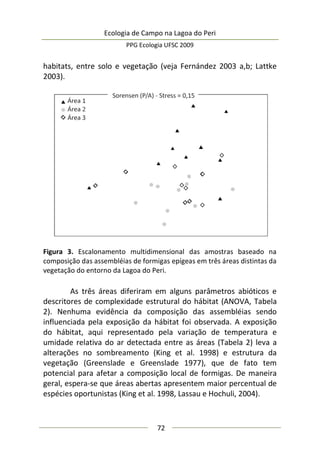 Ecologia de Campo na Lagoa do Peri
PPG Ecologia UFSC 2009
72
habitats, entre solo e vegetação (veja Fernández 2003 a,b; Lattke
2003).
Figura 3. Escalonamento multidimensional das amostras baseado na
composição das assembléias de formigas epígeas em três áreas distintas da
vegetação do entorno da Lagoa do Peri.
As três áreas diferiram em alguns parâmetros abióticos e
descritores de complexidade estrutural do hábitat (ANOVA, Tabela
2). Nenhuma evidência da composição das assembléias sendo
influenciada pela exposição da hábitat foi observada. A exposição
do hábitat, aqui representado pela variação de temperatura e
umidade relativa do ar detectada entre as áreas (Tabela 2) leva a
alterações no sombreamento (King et al. 1998) e estrutura da
vegetação (Greenslade e Greenslade 1977), que de fato tem
potencial para afetar a composição local de formigas. De maneira
geral, espera-se que áreas abertas apresentem maior percentual de
espécies oportunistas (King et al. 1998, Lassau e Hochuli, 2004).
 