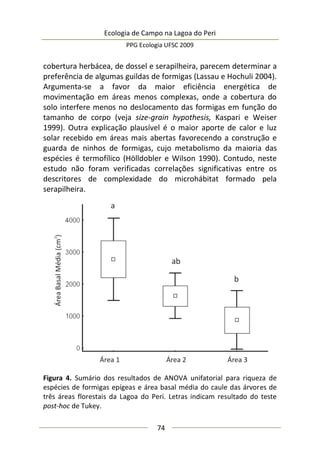 Ecologia de Campo na Lagoa do Peri
PPG Ecologia UFSC 2009
74
cobertura herbácea, de dossel e serapilheira, parecem determinar a
preferência de algumas guildas de formigas (Lassau e Hochuli 2004).
Argumenta-se a favor da maior eficiência energética de
movimentação em áreas menos complexas, onde a cobertura do
solo interfere menos no deslocamento das formigas em função do
tamanho de corpo (veja size-grain hypothesis, Kaspari e Weiser
1999). Outra explicação plausível é o maior aporte de calor e luz
solar recebido em áreas mais abertas favorecendo a construção e
guarda de ninhos de formigas, cujo metabolismo da maioria das
espécies é termofílico (Hölldobler e Wilson 1990). Contudo, neste
estudo não foram verificadas correlações significativas entre os
descritores de complexidade do microhábitat formado pela
serapilheira.
Figura 4. Sumário dos resultados de ANOVA unifatorial para riqueza de
espécies de formigas epígeas e área basal média do caule das árvores de
três áreas florestais da Lagoa do Peri. Letras indicam resultado do teste
post-hoc de Tukey.
 