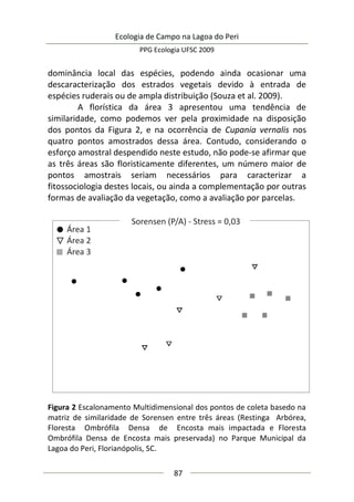 Ecologia de Campo na Lagoa do Peri
PPG Ecologia UFSC 2009
87
dominância local das espécies, podendo ainda ocasionar uma
descaracterização dos estrados vegetais devido à entrada de
espécies ruderais ou de ampla distribuição (Souza et al. 2009).
A florística da área 3 apresentou uma tendência de
similaridade, como podemos ver pela proximidade na disposição
dos pontos da Figura 2, e na ocorrência de Cupania vernalis nos
quatro pontos amostrados dessa área. Contudo, considerando o
esforço amostral despendido neste estudo, não pode-se afirmar que
as três áreas são floristicamente diferentes, um número maior de
pontos amostrais seriam necessários para caracterizar a
fitossociologia destes locais, ou ainda a complementação por outras
formas de avaliação da vegetação, como a avaliação por parcelas.
Figura 2 Escalonamento Multidimensional dos pontos de coleta basedo na
matriz de similaridade de Sorensen entre três áreas (Restinga Arbórea,
Floresta Ombrófila Densa de Encosta mais impactada e Floresta
Ombrófila Densa de Encosta mais preservada) no Parque Municipal da
Lagoa do Peri, Florianópolis, SC.
 