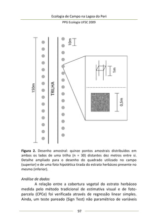Ecologia de Campo na Lagoa do Peri
PPG Ecologia UFSC 2009
97
Figura 2. Desenho amostral: quinze pontos amostrais distribuídos em
ambos os lados de uma trilha (n = 30) distantes dez metros entre si.
Detalhe ampliado para o desenho do quadrado utilizado no campo
(superior) e de uma foto hipotética tirada do estrato herbáceo presente no
mesmo (inferior).
Análise de dados
A relação entre a cobertura vegetal do estrato herbáceo
medida pelo método tradicional de estimativa visual e de foto-
parcela (CPCe) foi verificada através de regressão linear simples.
Ainda, um teste pareado (Sign Test) não paramétrico de variáveis
 