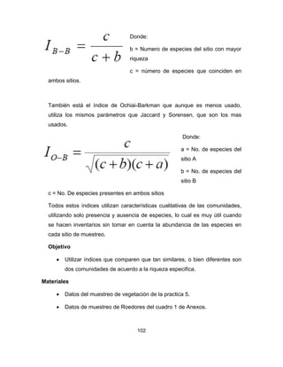 102
Donde:
b = Numero de especies del sitio con mayor
riqueza
c = número de especies que coinciden en
ambos sitios.
También está el índice de Ochiai-Barkman que aunque es menos usado,
utiliza los mismos parámetros que Jaccard y Sorensen, que son los mas
usados.
Donde:
a = No. de especies del
sitio A
b = No. de especies del
sitio B
c = No. De especies presentes en ambos sitios
Todos estos índices utilizan características cualitativas de las comunidades,
utilizando solo presencia y ausencia de especies, lo cual es muy útil cuando
se hacen inventarios sin tomar en cuenta la abundancia de las especies en
cada sitio de muestreo.
Objetivo
• Utilizar índices que comparen que tan similares, o bien diferentes son
dos comunidades de acuerdo a la riqueza especifica.
Materiales
• Datos del muestreo de vegetación de la practica 5.
• Datos de muestreo de Roedores del cuadro 1 de Anexos.
 