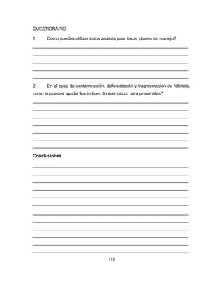 118
CUESTIONARIO
1. Como puedes utilizar estos análisis para hacer planes de manejo?
________________________________________________________________
________________________________________________________________
________________________________________________________________
________________________________________________________________
________________________________________________________________
2. En el caso de contaminación, deforestación y fragmentación de hábitats,
como te pueden ayudar los índices de reemplazo para prevenirlos?
________________________________________________________________
________________________________________________________________
________________________________________________________________
________________________________________________________________
________________________________________________________________
________________________________________________________________
________________________________________________________________
Conclusiones
________________________________________________________________
________________________________________________________________
________________________________________________________________
________________________________________________________________
________________________________________________________________
________________________________________________________________
________________________________________________________________
________________________________________________________________
________________________________________________________________
________________________________________________________________
________________________________________________________________
________________________________________________________________
 