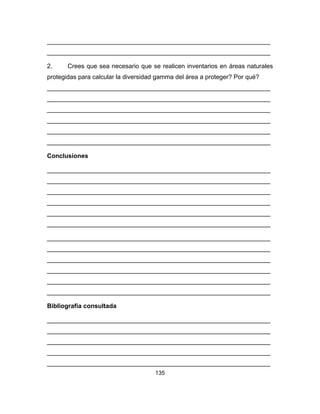 135
________________________________________________________________
________________________________________________________________
2. Crees que sea necesario que se realicen inventarios en áreas naturales
protegidas para calcular la diversidad gamma del área a proteger? Por qué?
________________________________________________________________
________________________________________________________________
________________________________________________________________
________________________________________________________________
________________________________________________________________
________________________________________________________________
Conclusiones
________________________________________________________________
________________________________________________________________
________________________________________________________________
________________________________________________________________
________________________________________________________________
________________________________________________________________
________________________________________________________________
________________________________________________________________
________________________________________________________________
________________________________________________________________
________________________________________________________________
________________________________________________________________
Bibliografía consultada
________________________________________________________________
________________________________________________________________
________________________________________________________________
________________________________________________________________
________________________________________________________________
 