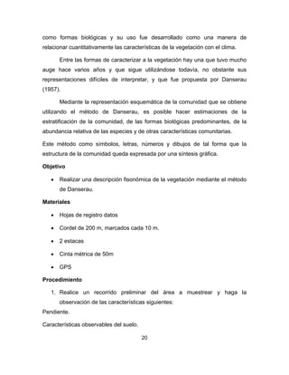 20
como formas biológicas y su uso fue desarrollado como una manera de
relacionar cuantitativamente las características de la vegetación con el clima.
Entre las formas de caracterizar a la vegetación hay una que tuvo mucho
auge hace varios años y que sigue utilizándose todavía, no obstante sus
representaciones difíciles de interpretar, y que fue propuesta por Danserau
(1957).
Mediante la representación esquemática de la comunidad que se obtiene
utilizando el método de Danserau, es posible hacer estimaciones de la
estratificación de la comunidad, de las formas biológicas predominantes, de la
abundancia relativa de las especies y de otras características comunitarias.
Este método como símbolos, letras, números y dibujos de tal forma que la
estructura de la comunidad queda expresada por una síntesis gráfica.
Objetivo
• Realizar una descripción fisonómica de la vegetación mediante el método
de Danserau.
Materiales
• Hojas de registro datos
• Cordel de 200 m, marcados cada 10 m.
• 2 estacas
• Cinta métrica de 50m
• GPS
Procedimiento
1. Realice un recorrido preliminar del área a muestrear y haga la
observación de las características siguientes:
Pendiente.
Características observables del suelo.
 