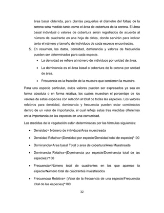 32
área basal obtenida, para plantas pequeñas el diámetro del follaje de la
corona será medido tanto como el área de cobertura de la corona. El área
basal individual o valores de cobertura serán registrados de acuerdo al
número de cuadrante en una hoja de datos, donde servirán para indicar
tanto el número y tamaño de individuos de cada especie encontradas.
5. En resumen, los datos, densidad, dominancia y valores de frecuencia
pueden ser determinados para cada especie.
• La densidad se refiere al número de individuos por unidad de área.
• La dominancia es el área basal o cobertura de la corona por unidad
de área.
• Frecuencia es la fracción de la muestra que contienen la muestra.
Para una especie particular, estos valores pueden ser expresados ya sea en
forma absoluta o en forma relativa, los cuales muestran el porcentaje de los
valores de estas especies con relación al total de todas las especies. Los valores
relativos para densidad, dominancia y frecuencia pueden estar combinados
dentro de un valor de importancia, el cual refleja estas tres medidas diferentes
en la importancia de las especies en una comunidad.
Las medidas de la vegetación están determinadas por las fórmulas siguientes:
• Densidad= Número de infividuos/Area muestreada
• Densidad Relativa=(Densidad por especie/Densidad total de especie)*100
• Dominancia=Area basal Total o area de cobertura/Area Muestreada
• Dominancia Relativa=(Dominancia por especie/Dominancia total de las
especies)*100
• Frecuencia=Número total de cuadrantes en los que aparece la
especie/Número total de cuadrantes muestreados
• Frecuencua Relativa= (Valor de la frecuencia de una especie/Frecuencia
total de las especies)*100
 